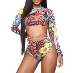 Floral Long Sleeveless Backless High-Waisted Rash Guards