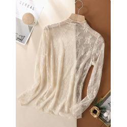 Casual Loose Mesh Solid High-Neck Blouses&Shirt Top