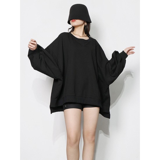 Casual Simple Puff Sleeves Solid Color Round-Neck Sweatshirt Top Casual Simple Puff Sleeves Solid Color Round-Neck Sweatshirt Top