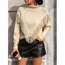 Solid Color Tasseled Long Sleeves Loose High-neck Sweater Tops Pullovers Knitwear