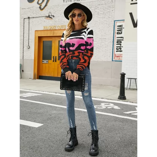 Casual Loose Zebra-Stripe Patchwork Sweater Top Casual Loose Zebra-Stripe Patchwork Sweater Top