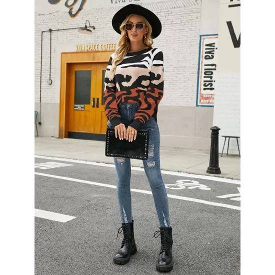 Casual Loose Zebra-Stripe Patchwork Sweater Top Casual Loose Zebra-Stripe Patchwork Sweater Top