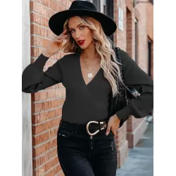 Casual Long Sleeves Solid Color V-Neck Sweater Tops