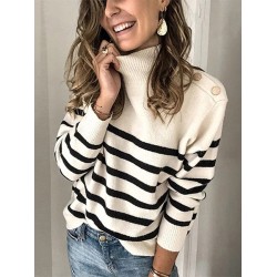 Original Loose Striped Buttoned High-Neck Long Sleeves Sweater Top