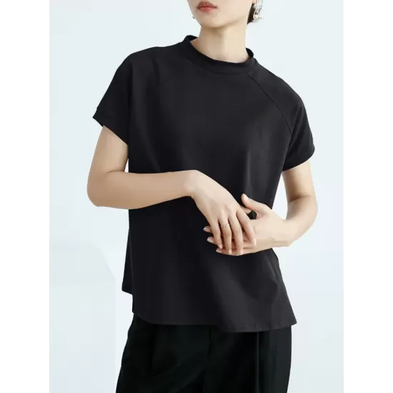 Casual Short Sleeves Loose Solid Color Stand Collar T-Shirts Tops Casual Short Sleeves Loose Solid Color Stand Collar T-Shirts Tops