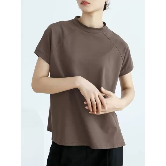 Casual Short Sleeves Loose Solid Color Stand Collar T-Shirts Tops Casual Short Sleeves Loose Solid Color Stand Collar T-Shirts Tops