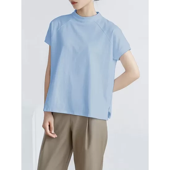 Casual Short Sleeves Loose Solid Color Stand Collar T-Shirts Tops Casual Short Sleeves Loose Solid Color Stand Collar T-Shirts Tops