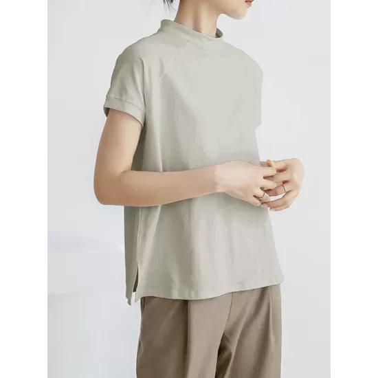 Casual Short Sleeves Loose Solid Color Stand Collar T-Shirts Tops Casual Short Sleeves Loose Solid Color Stand Collar T-Shirts Tops