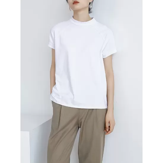 Casual Short Sleeves Loose Solid Color Stand Collar T-Shirts Tops Casual Short Sleeves Loose Solid Color Stand Collar T-Shirts Tops