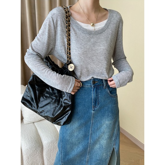 Asymmetric Split-Joint False Two Long Sleeves Round-Neck T-Shirts Tops Asymmetric Split-Joint False Two Long Sleeves Round-Neck T-Shirts Tops
