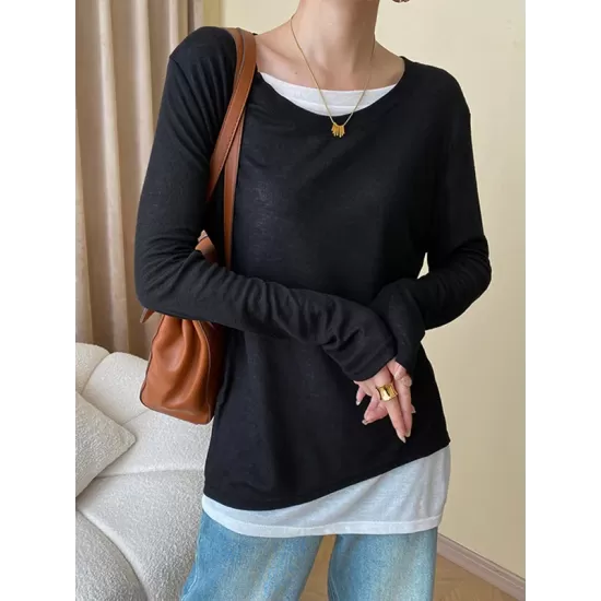 Asymmetric Split-Joint False Two Long Sleeves Round-Neck T-Shirts Tops Asymmetric Split-Joint False Two Long Sleeves Round-Neck T-Shirts Tops