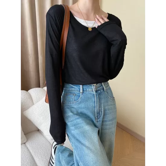 Asymmetric Split-Joint False Two Long Sleeves Round-Neck T-Shirts Tops Asymmetric Split-Joint False Two Long Sleeves Round-Neck T-Shirts Tops