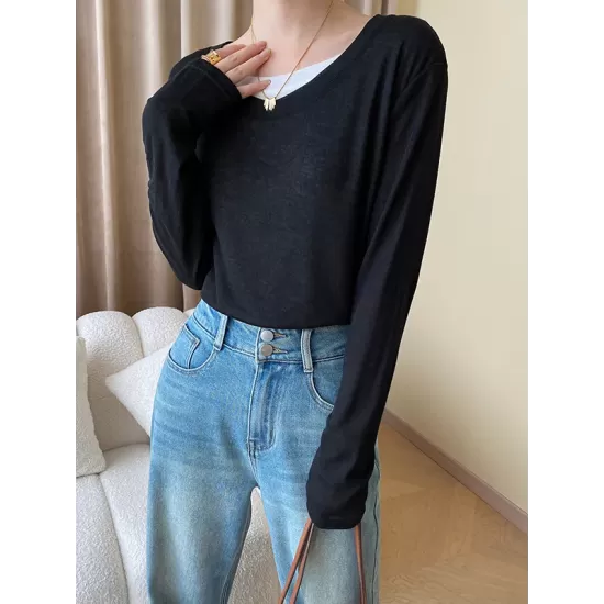Asymmetric Split-Joint False Two Long Sleeves Round-Neck T-Shirts Tops Asymmetric Split-Joint False Two Long Sleeves Round-Neck T-Shirts Tops
