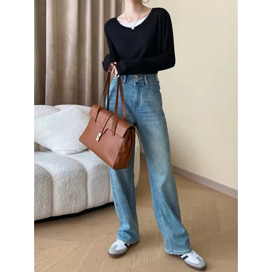 Asymmetric Split-Joint False Two Long Sleeves Round-Neck T-Shirts Tops Asymmetric Split-Joint False Two Long Sleeves Round-Neck T-Shirts Tops