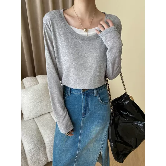 Asymmetric Split-Joint False Two Long Sleeves Round-Neck T-Shirts Tops Asymmetric Split-Joint False Two Long Sleeves Round-Neck T-Shirts Tops