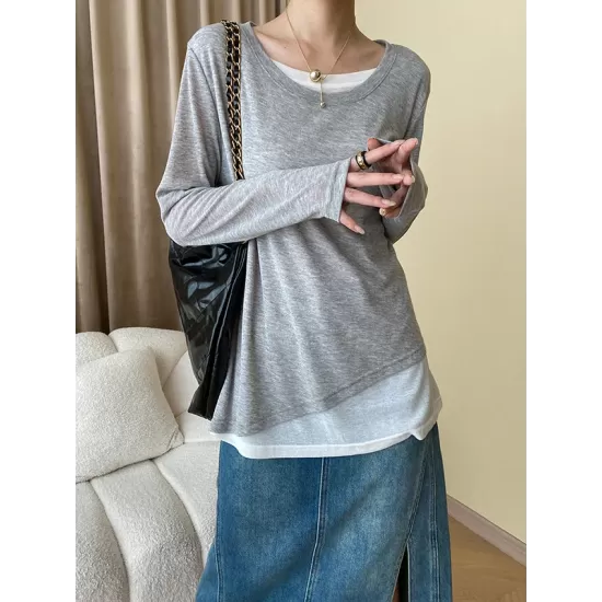 Asymmetric Split-Joint False Two Long Sleeves Round-Neck T-Shirts Tops Asymmetric Split-Joint False Two Long Sleeves Round-Neck T-Shirts Tops