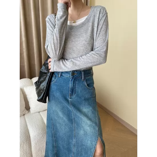 Asymmetric Split-Joint False Two Long Sleeves Round-Neck T-Shirts Tops Asymmetric Split-Joint False Two Long Sleeves Round-Neck T-Shirts Tops