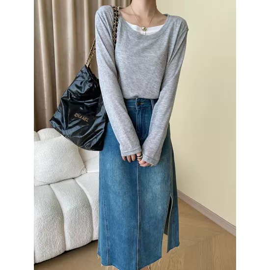 Asymmetric Split-Joint False Two Long Sleeves Round-Neck T-Shirts Tops Asymmetric Split-Joint False Two Long Sleeves Round-Neck T-Shirts Tops
