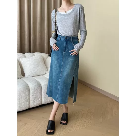 Asymmetric Split-Joint False Two Long Sleeves Round-Neck T-Shirts Tops Asymmetric Split-Joint False Two Long Sleeves Round-Neck T-Shirts Tops