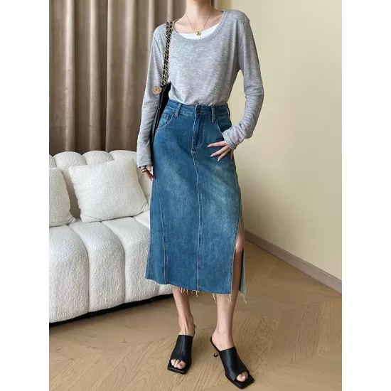 Asymmetric Split-Joint False Two Long Sleeves Round-Neck T-Shirts Tops Asymmetric Split-Joint False Two Long Sleeves Round-Neck T-Shirts Tops