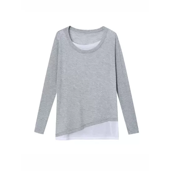 Asymmetric Split-Joint False Two Long Sleeves Round-Neck T-Shirts Tops Asymmetric Split-Joint False Two Long Sleeves Round-Neck T-Shirts Tops