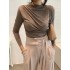 Pleated Solid Color Long Sleeves Skinny Mock Neck T-Shirts Tops