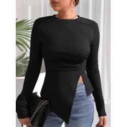 Asymmetric Solid Color Split-Side Long Sleeves Skinny Round-Neck T-Shirts Tops