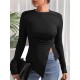 Asymmetric Solid Color Split-Side Long Sleeves Skinny Round-Neck T-Shirts Tops Asymmetric Solid Color Split-Side Long Sleeves Skinny Round-Neck T-Shirts Tops
