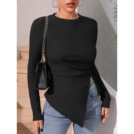 Asymmetric Solid Color Split-Side Long Sleeves Skinny Round-Neck T-Shirts Tops Asymmetric Solid Color Split-Side Long Sleeves Skinny Round-Neck T-Shirts Tops