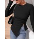 Asymmetric Solid Color Split-Side Long Sleeves Skinny Round-Neck T-Shirts Tops Asymmetric Solid Color Split-Side Long Sleeves Skinny Round-Neck T-Shirts Tops