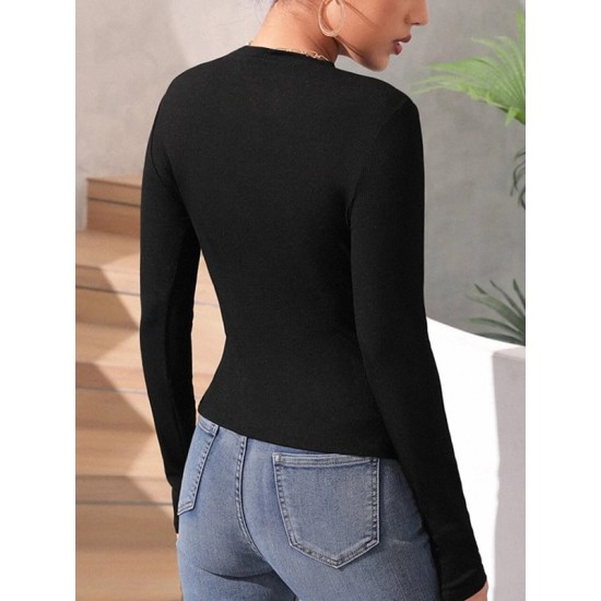 Asymmetric Solid Color Split-Side Long Sleeves Skinny Round-Neck T-Shirts Tops Asymmetric Solid Color Split-Side Long Sleeves Skinny Round-Neck T-Shirts Tops