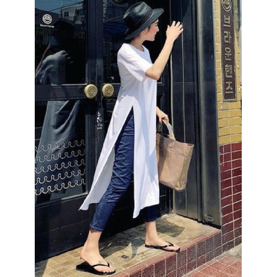 Casual Simple Split-Side Designed Long T-Shirt Casual Simple Split-Side Designed Long T-Shirt