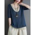 Artistic False Two Loose Ramie Cotton Half Sleeve Shirt