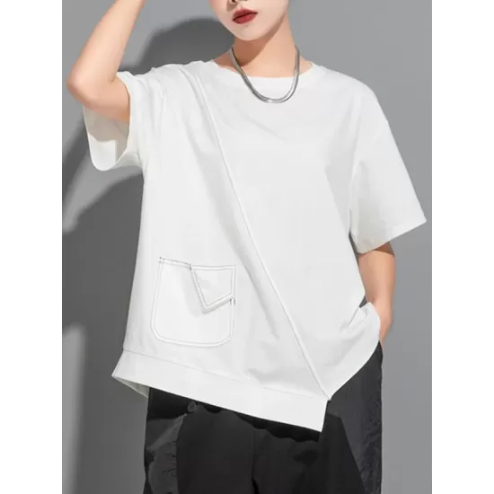 Asymmetric Solid Color Split-Joint Loose Short Sleeves Round-Neck T-Shirts Tops Asymmetric Solid Color Split-Joint Loose Short Sleeves Round-Neck T-Shirts Tops