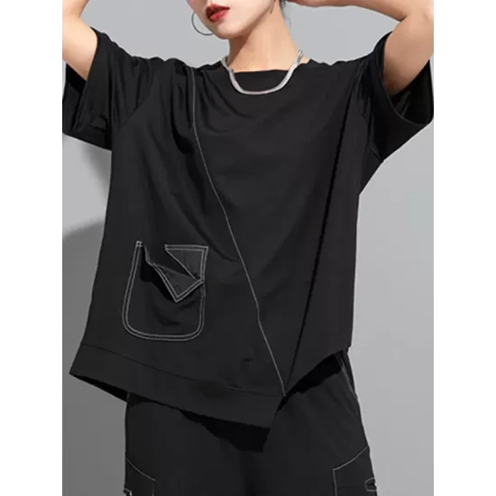 Asymmetric Solid Color Split-Joint Loose Short Sleeves Round-Neck T-Shirts Tops Asymmetric Solid Color Split-Joint Loose Short Sleeves Round-Neck T-Shirts Tops