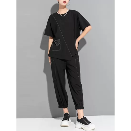 Asymmetric Solid Color Split-Joint Loose Short Sleeves Round-Neck T-Shirts Tops Asymmetric Solid Color Split-Joint Loose Short Sleeves Round-Neck T-Shirts Tops