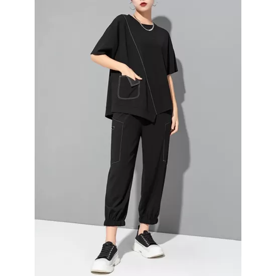 Asymmetric Solid Color Split-Joint Loose Short Sleeves Round-Neck T-Shirts Tops Asymmetric Solid Color Split-Joint Loose Short Sleeves Round-Neck T-Shirts Tops