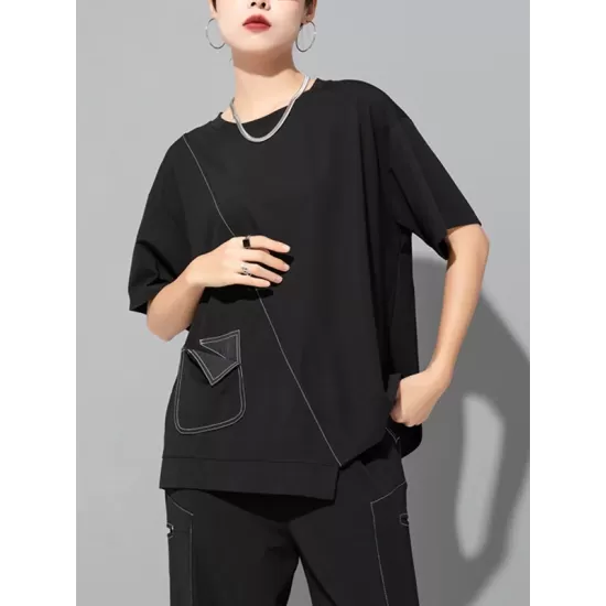 Asymmetric Solid Color Split-Joint Loose Short Sleeves Round-Neck T-Shirts Tops Asymmetric Solid Color Split-Joint Loose Short Sleeves Round-Neck T-Shirts Tops