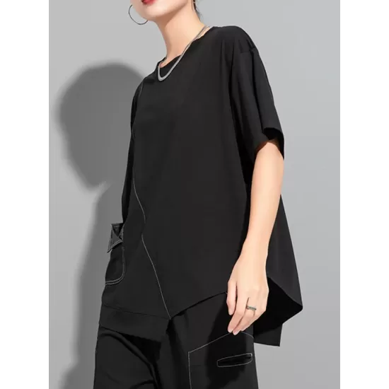 Asymmetric Solid Color Split-Joint Loose Short Sleeves Round-Neck T-Shirts Tops Asymmetric Solid Color Split-Joint Loose Short Sleeves Round-Neck T-Shirts Tops