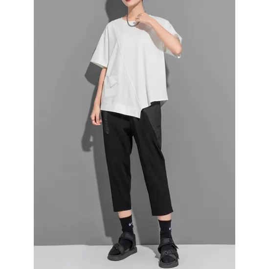 Asymmetric Solid Color Split-Joint Loose Short Sleeves Round-Neck T-Shirts Tops Asymmetric Solid Color Split-Joint Loose Short Sleeves Round-Neck T-Shirts Tops