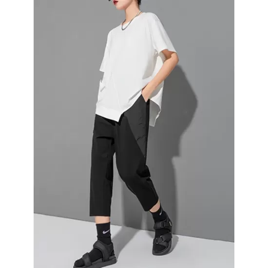 Asymmetric Solid Color Split-Joint Loose Short Sleeves Round-Neck T-Shirts Tops Asymmetric Solid Color Split-Joint Loose Short Sleeves Round-Neck T-Shirts Tops