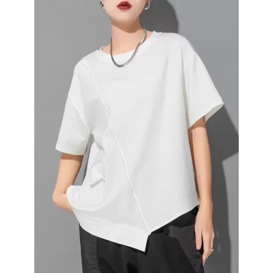 Asymmetric Solid Color Split-Joint Loose Short Sleeves Round-Neck T-Shirts Tops Asymmetric Solid Color Split-Joint Loose Short Sleeves Round-Neck T-Shirts Tops