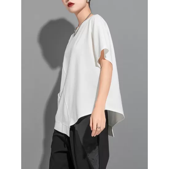 Asymmetric Solid Color Split-Joint Loose Short Sleeves Round-Neck T-Shirts Tops Asymmetric Solid Color Split-Joint Loose Short Sleeves Round-Neck T-Shirts Tops